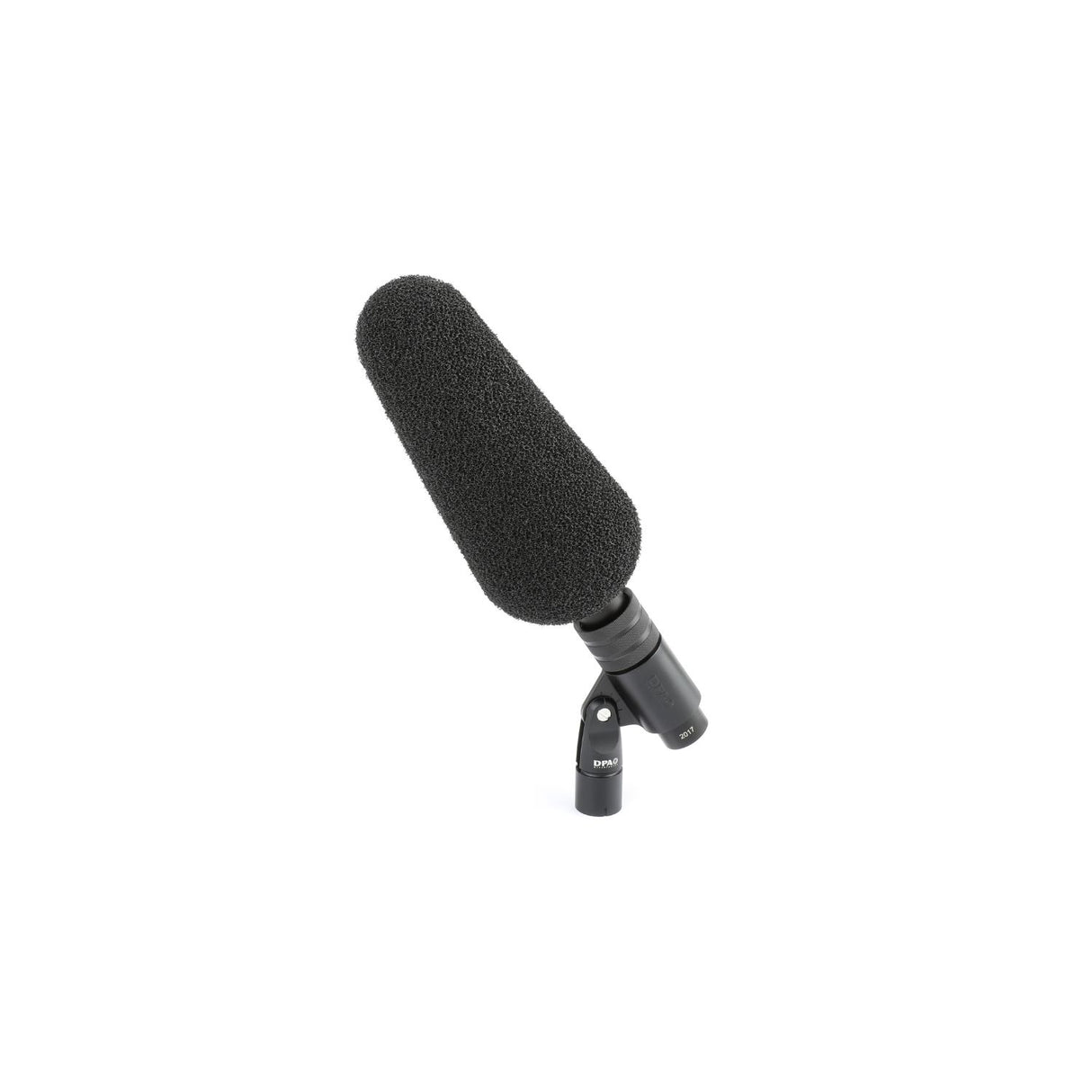 DPA 2017 microphone in a mic holder, with foam on, on a white background