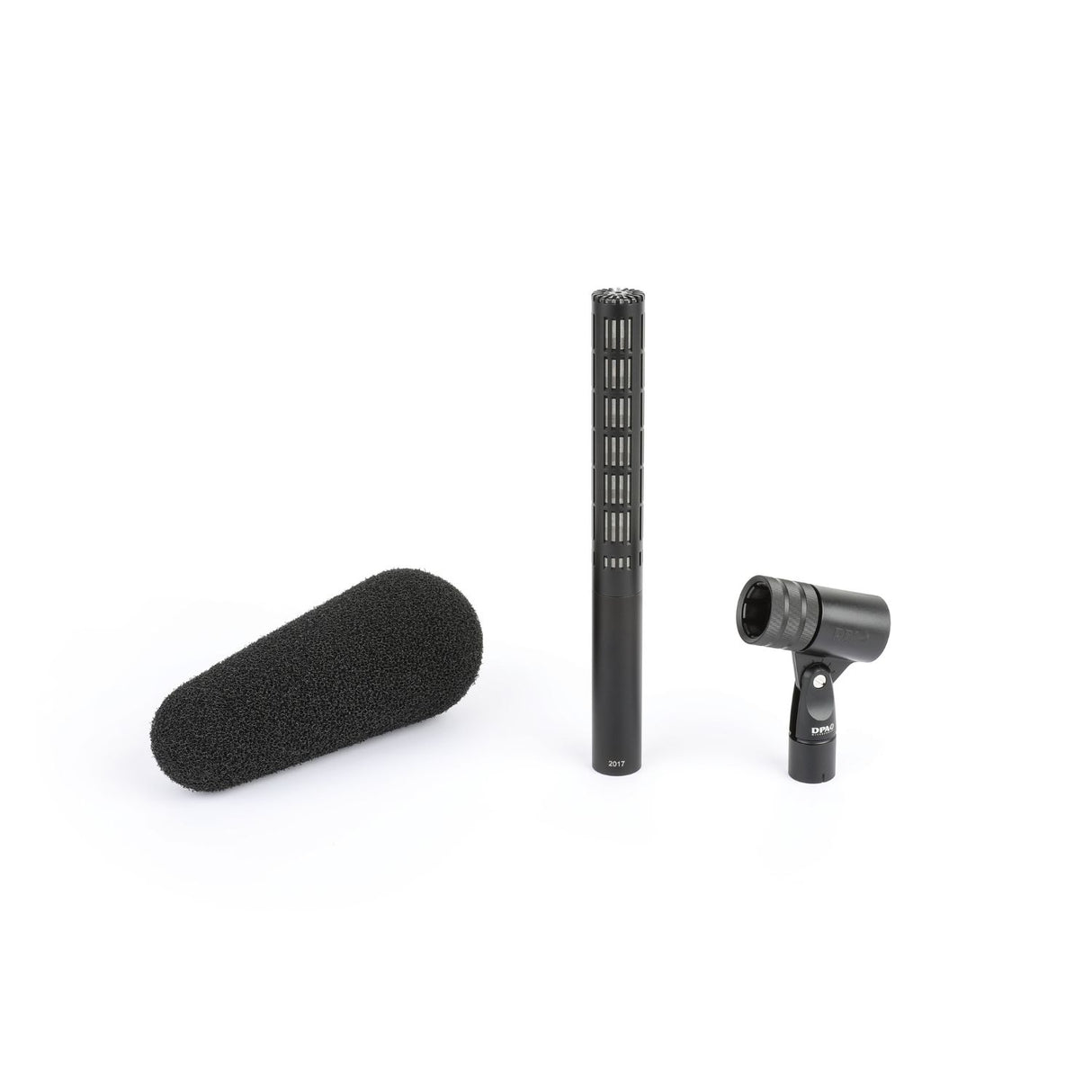 DPA 2017 microphone, mic holder, black foam, on a white background