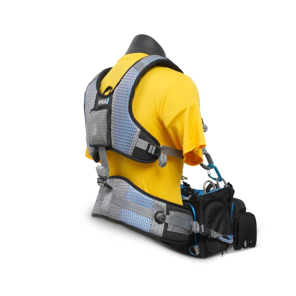 OR-440 Harness side view, on a mannequin with a bag, on a white background.