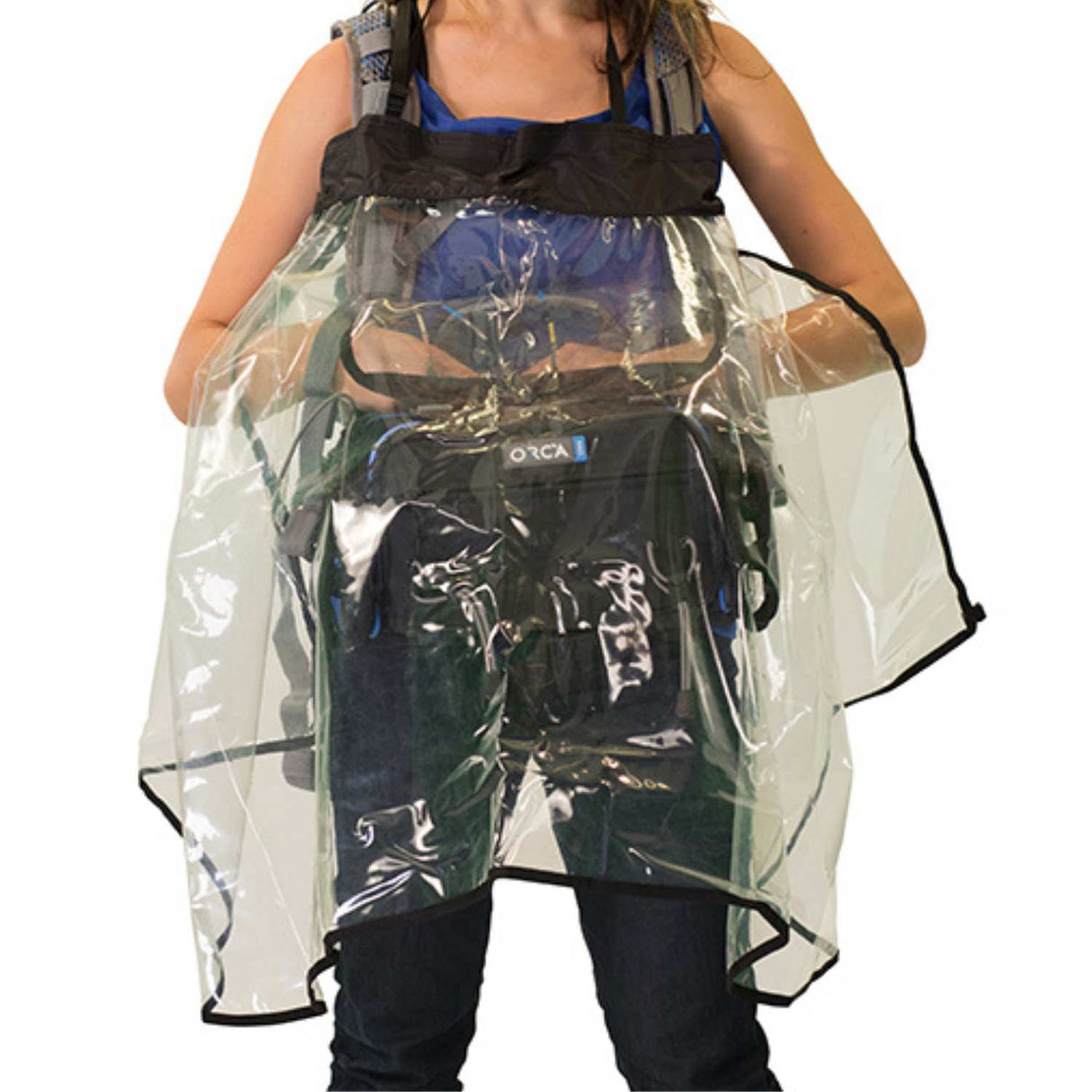 Orca Bags audio bag rain cover on model, front perspective, on a white background.
