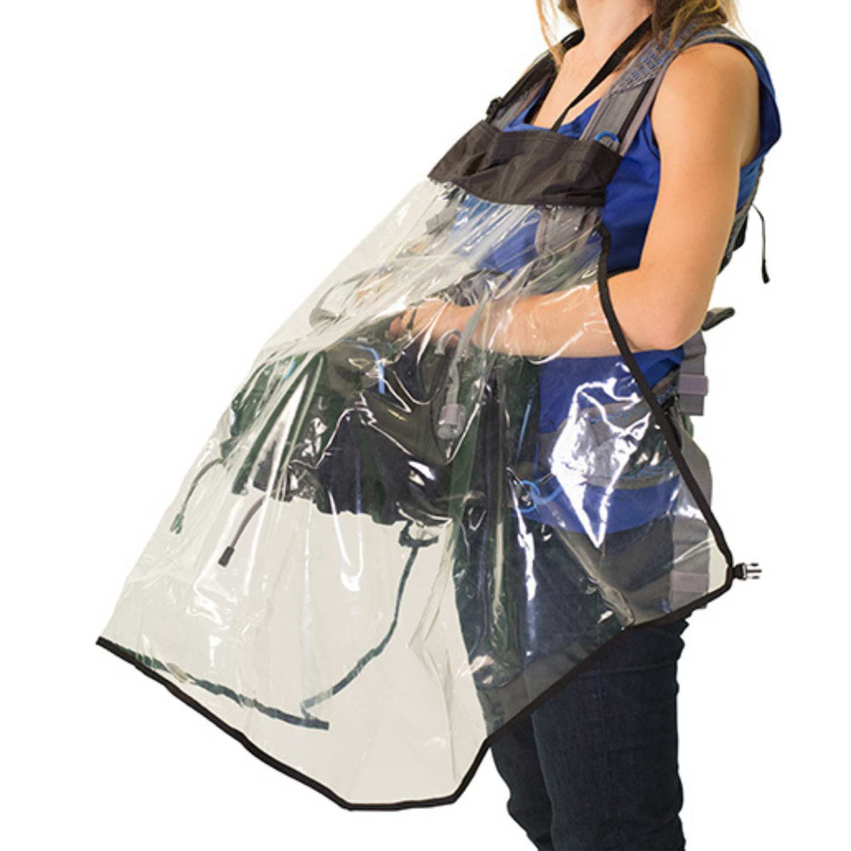 Orca Bags audio bag rain cover on model, side perspective, on a white background.