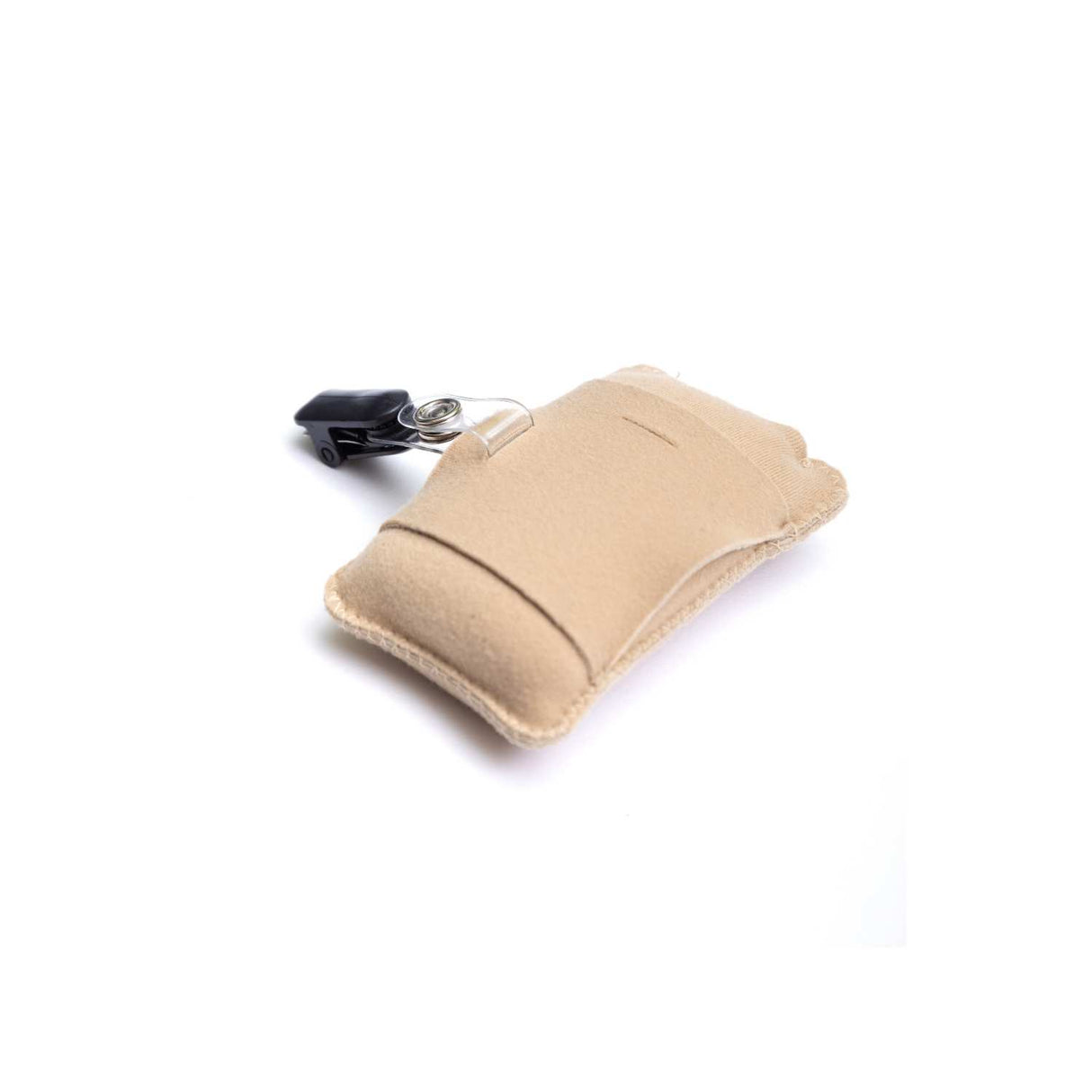 Beige Mini Belt Puffy Pouch with side clip on a white background.