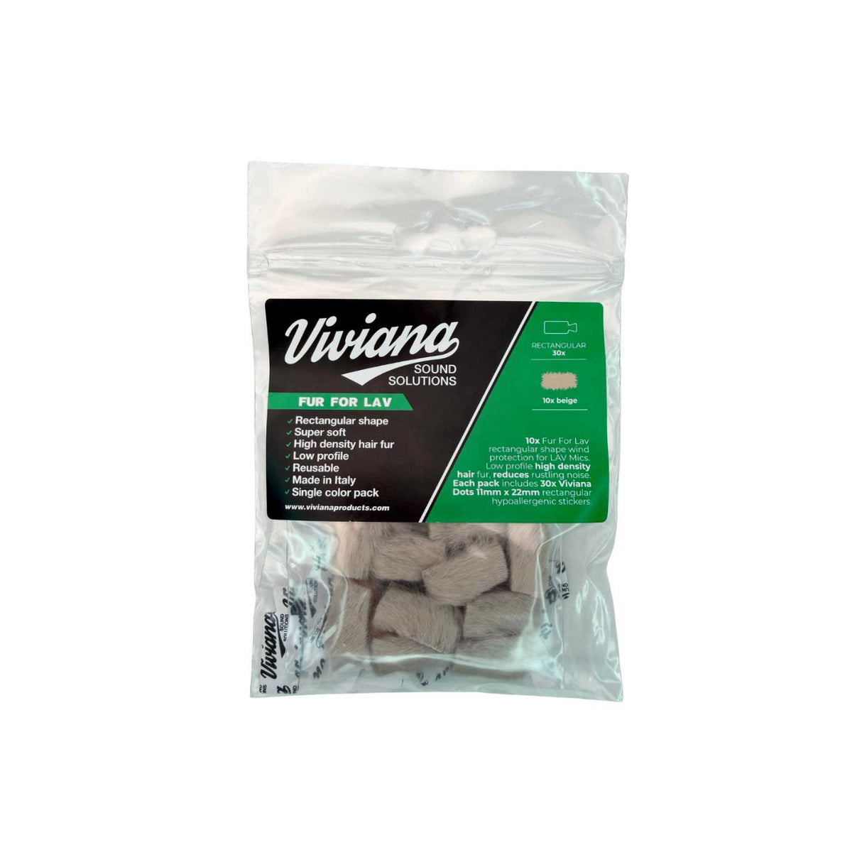 Pack of 10 rectangular beige Viviana Sound Solutions Fur For Lav, on a white background.
