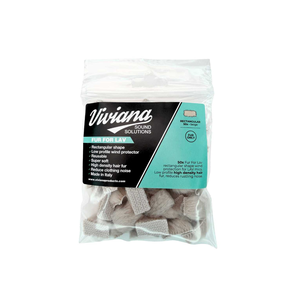 Pack of 50 beige Viviana Sound Solutions Fur For Lav, on a white background.