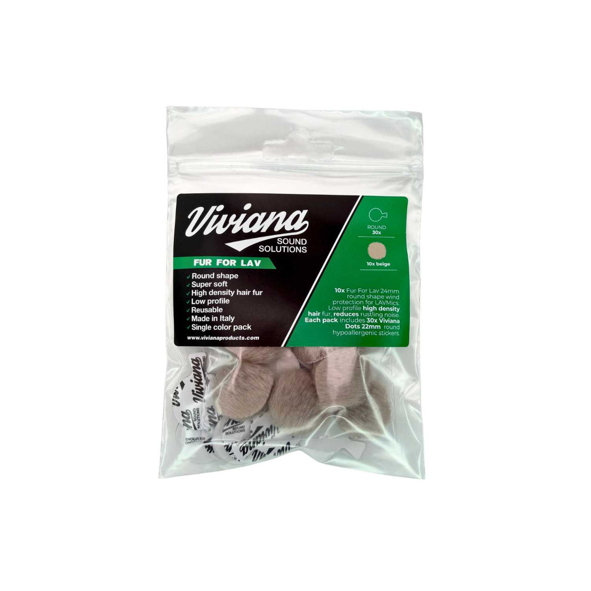Pack of 10 beige round Viviana Sound Solutions Fur For Lav, on a white background.
