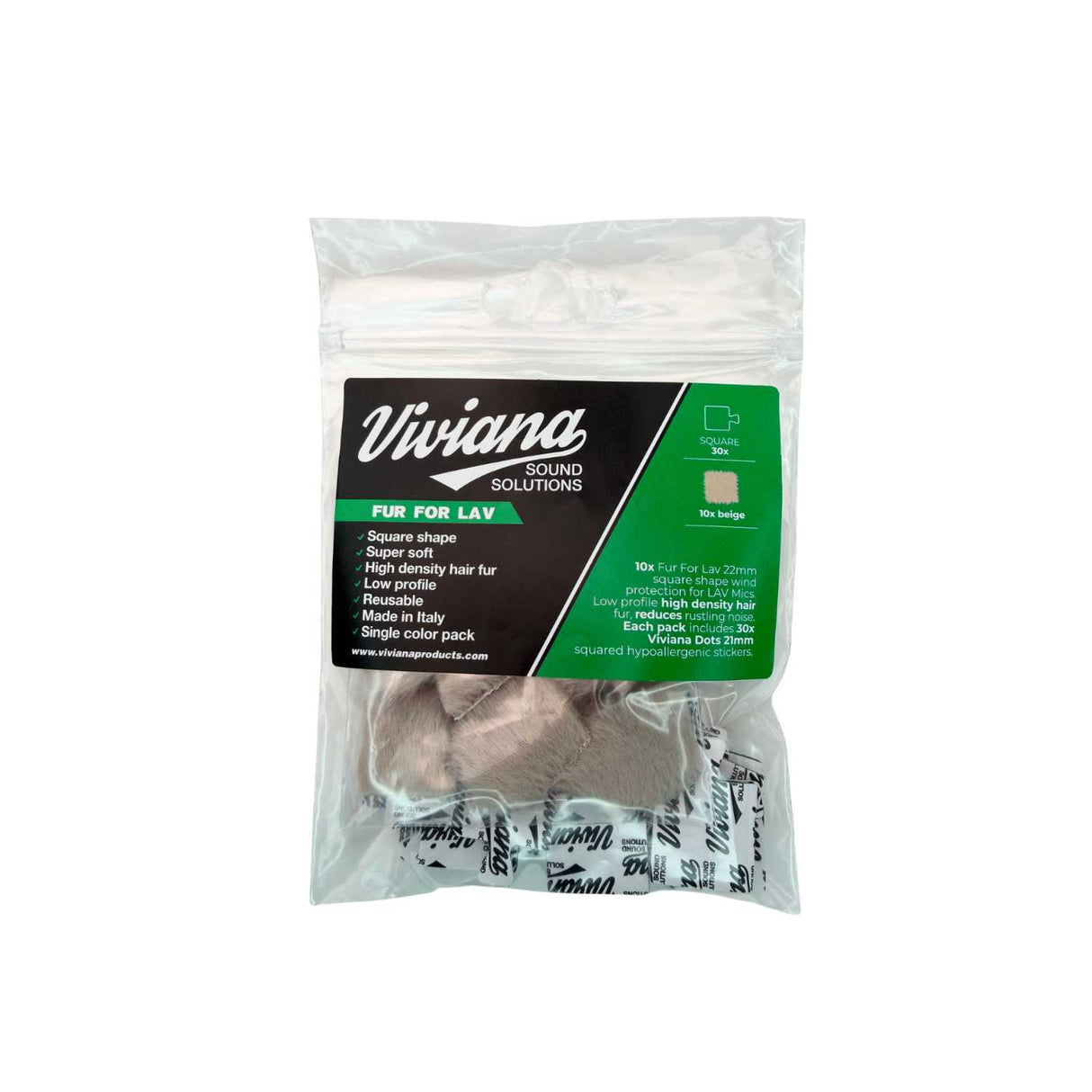 Pack of 10 beige square Viviana Sound Solutions Fur For Lav, on a white background.