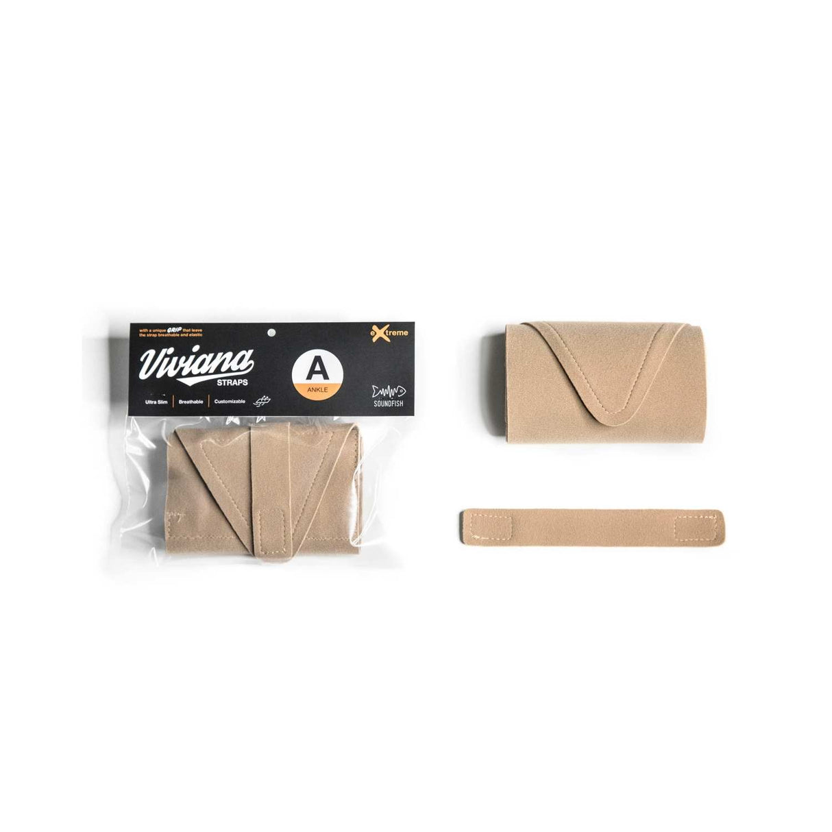 Beige Extreme Ankle Strap in packaging and out of packaging, on a white background.