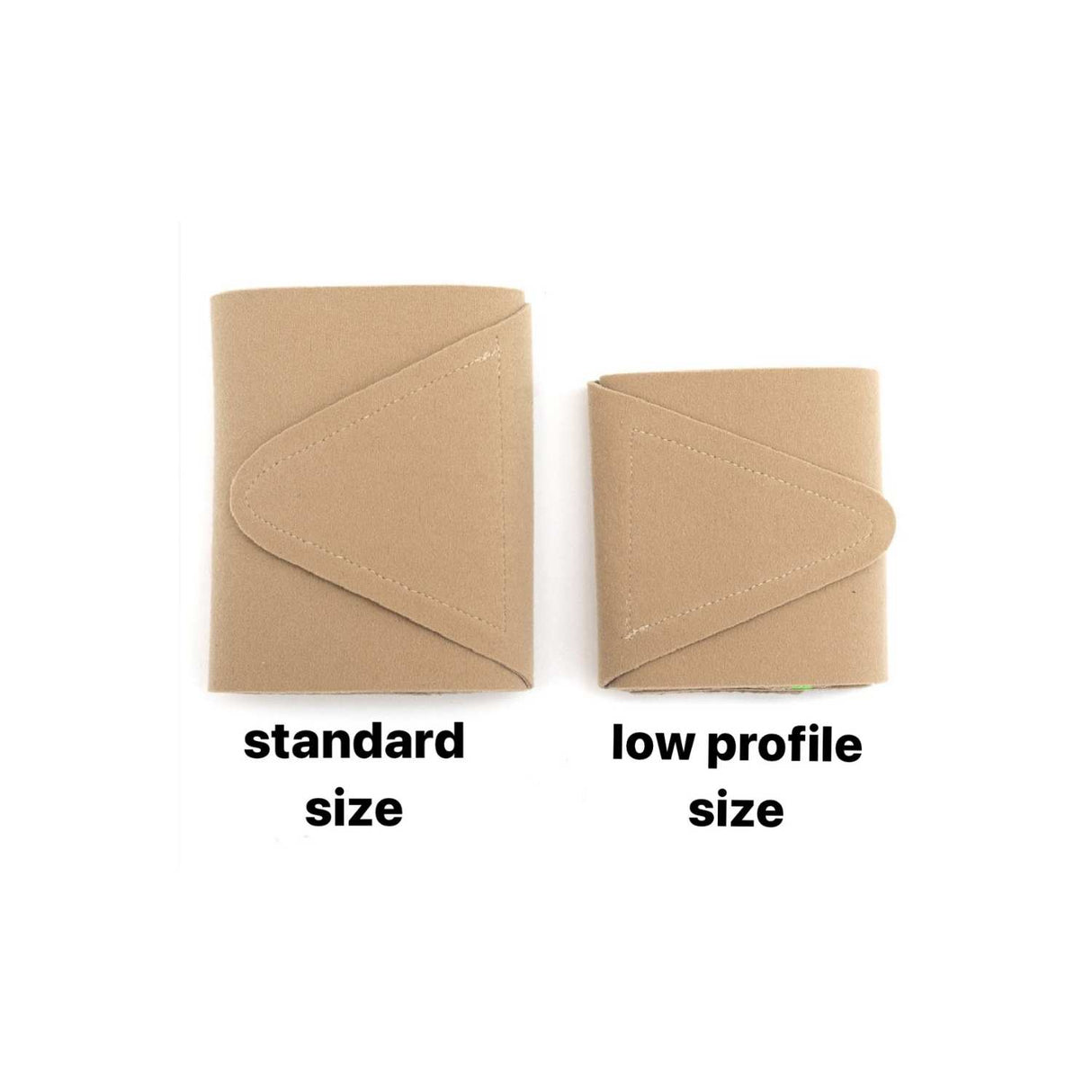 Standard and low profile beige straps, on a white background.