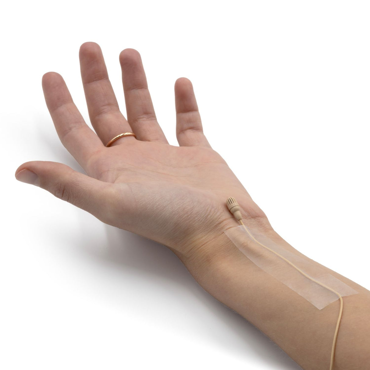 BBI Invisible Skin Tape on arm with mic, on a white background