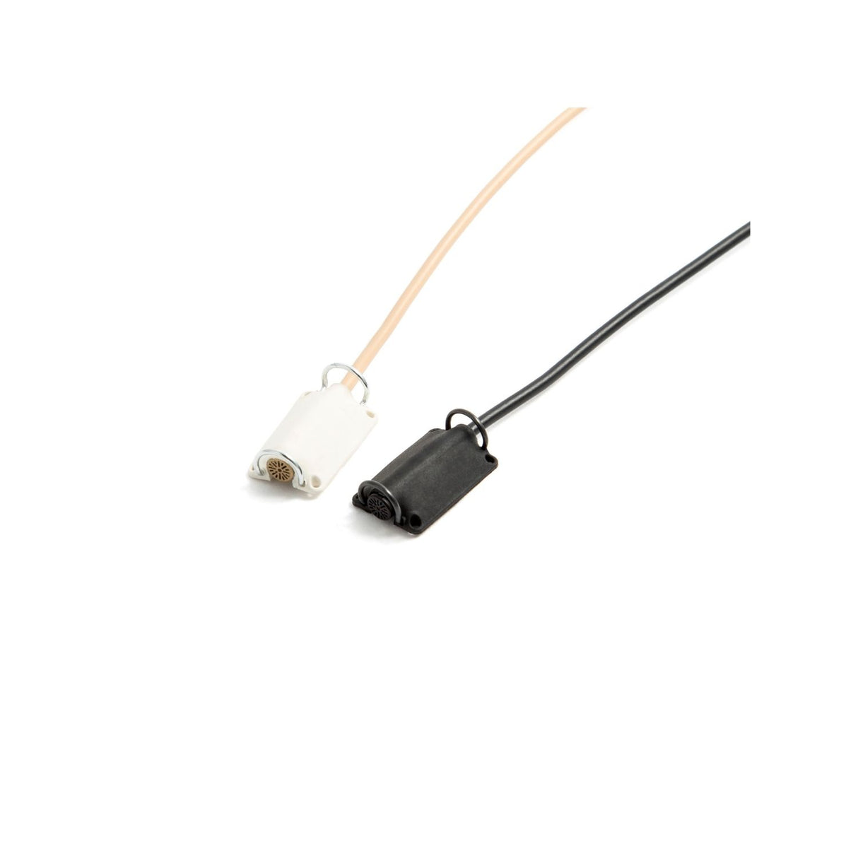 The Lav Concealer for DPA 6060, 1 black and 2 white, on mics, by BBI on a white background