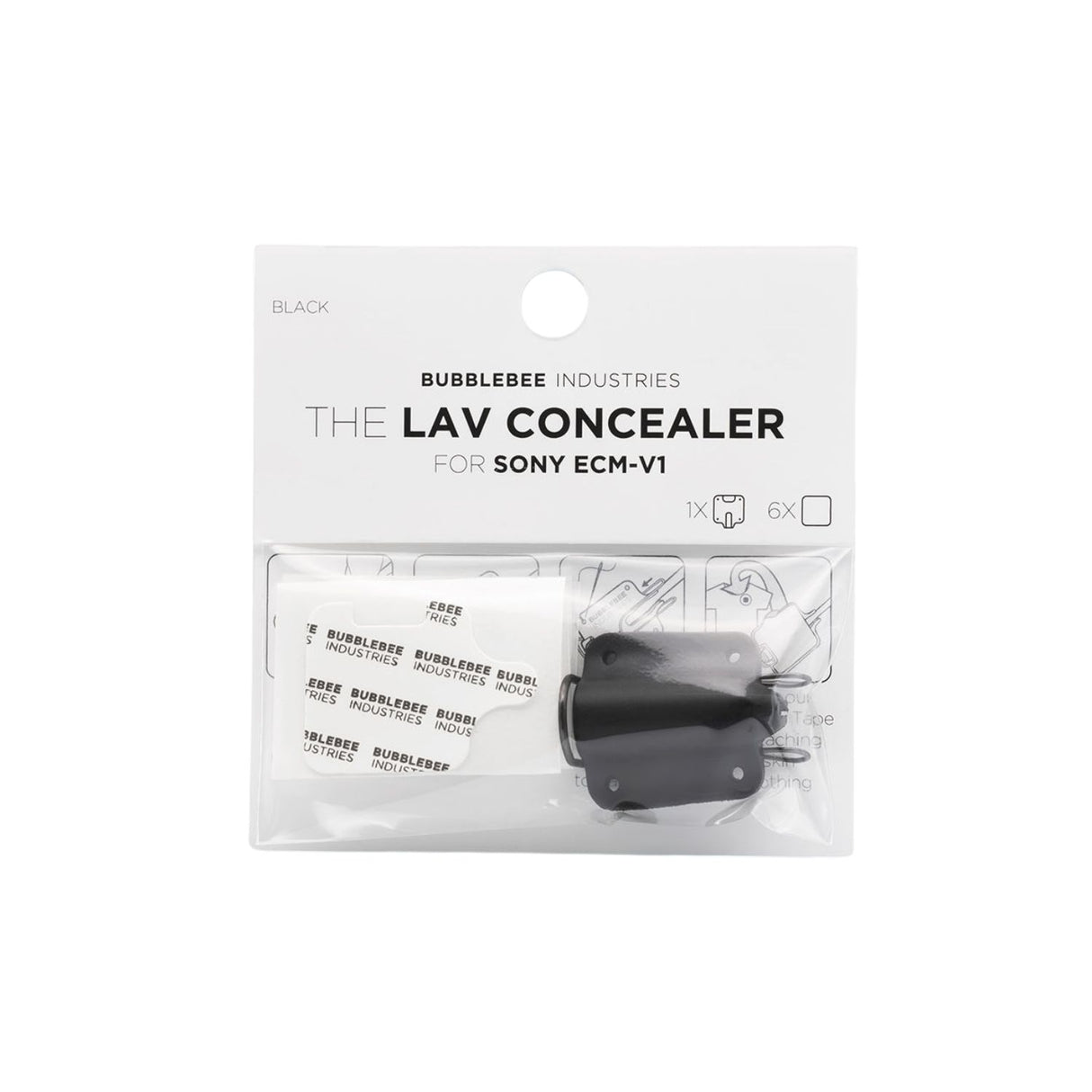 Packaging of Bubblebee Industries black LAV Concealer for Sony ECM-V1 on a white background