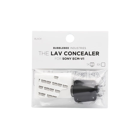 Packaging of Bubblebee Industries black LAV Concealer for Sony ECM-V1 on a white background