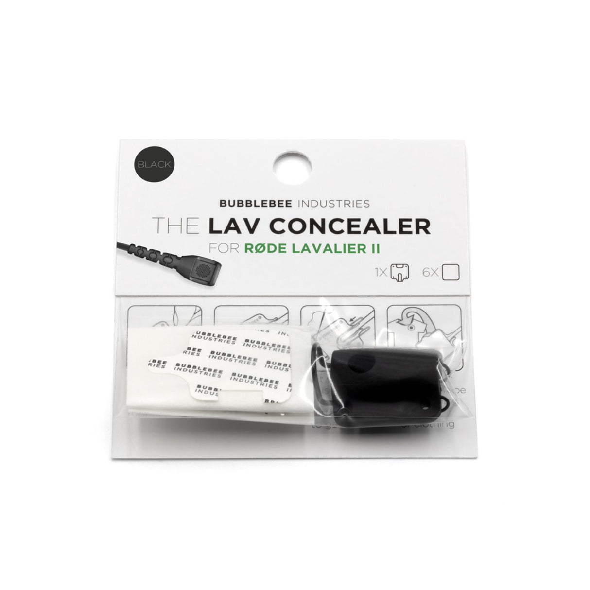 Packaging of Black Bubblebee Industries Lav Concealer for Rode Lavalier II on a white background