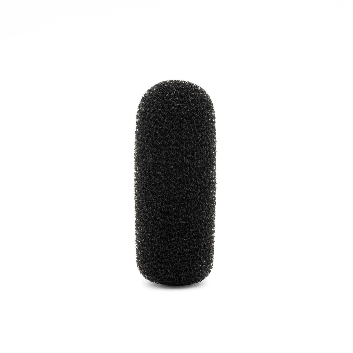 Black foam microphone windscreen on a white background