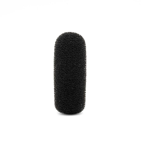 Black foam microphone windscreen on a white background