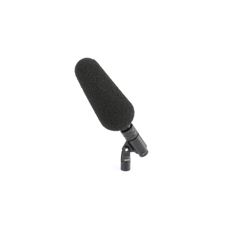DPA 2017 microphone in a mic holder, with foam on, on a white background