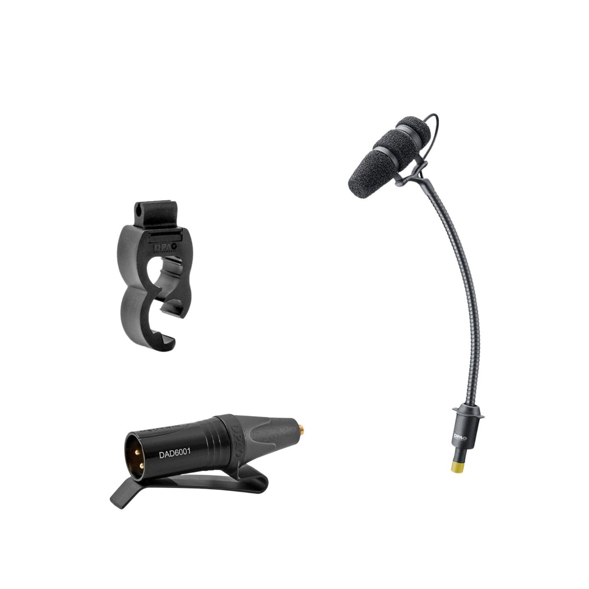 DPA 4099 with drum clip and DAD6001, on a white background