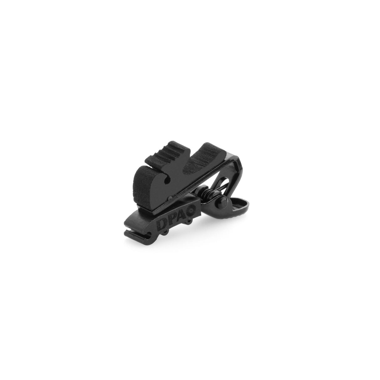 Black DPA SCM0004 clip for microphone, on a white background