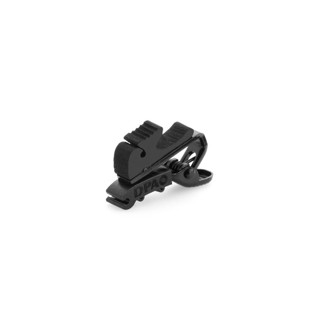 Black DPA SCM0004 clip for microphone, on a white background