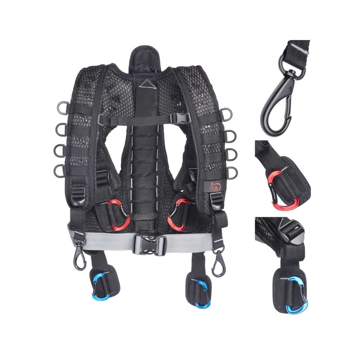 K-Tek Stingray Harness with carabiners, on a white background.