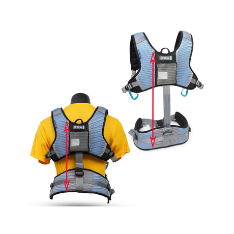 OR-440 Harness back view, with arrows showing adjustable spine, on a white background.