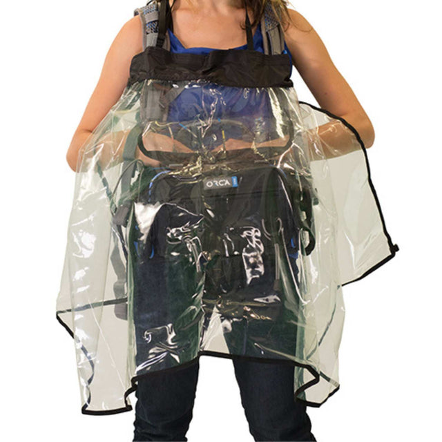 Orca Bags audio bag rain cover on model, front perspective, on a white background.