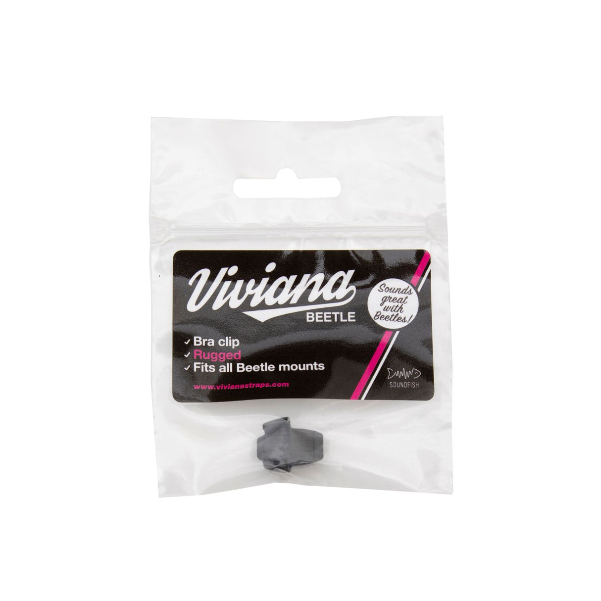 Black Beetle Bra Clip packaged, on a white background.