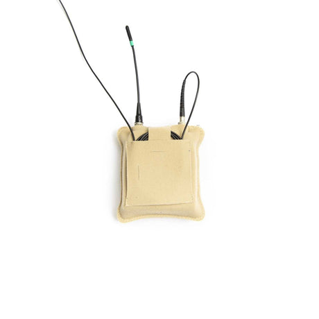 Beige Belt Puffy Pouch with cable on a white background.