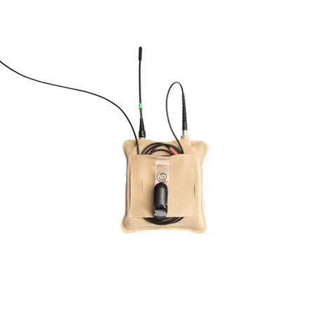 Beige Belt Puffy Pouch with cable and clip on a white background.