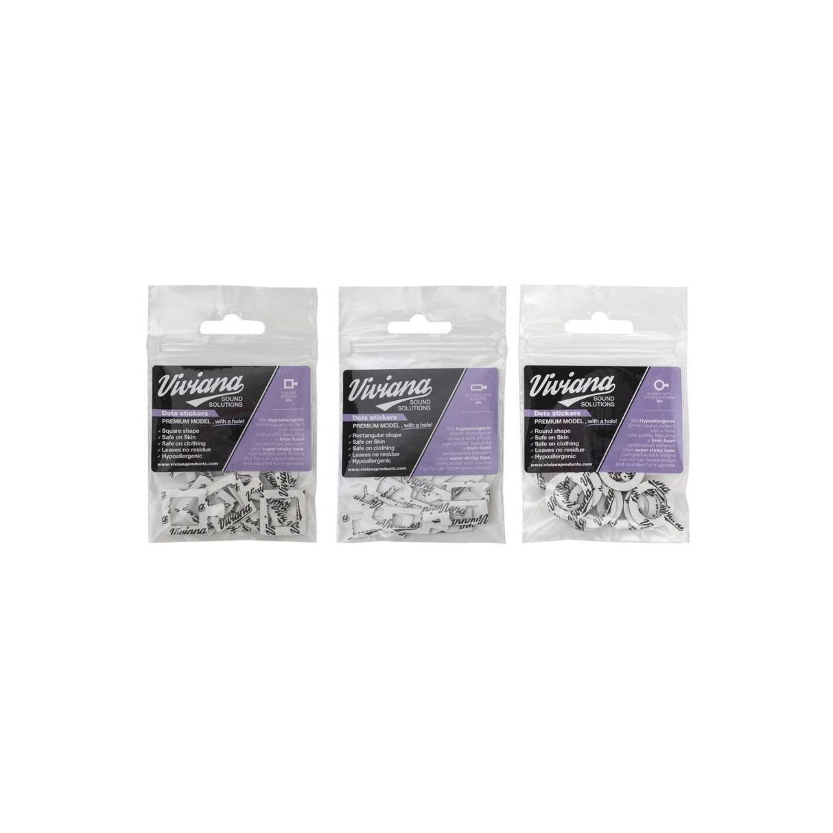 Viviana Dot with hole, 3 packages on a white background.