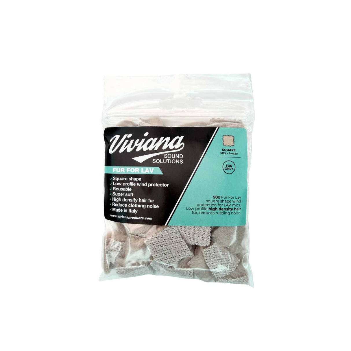Bag of beige Viviana sound solutions fur for lav, 50 pcs, on a white background