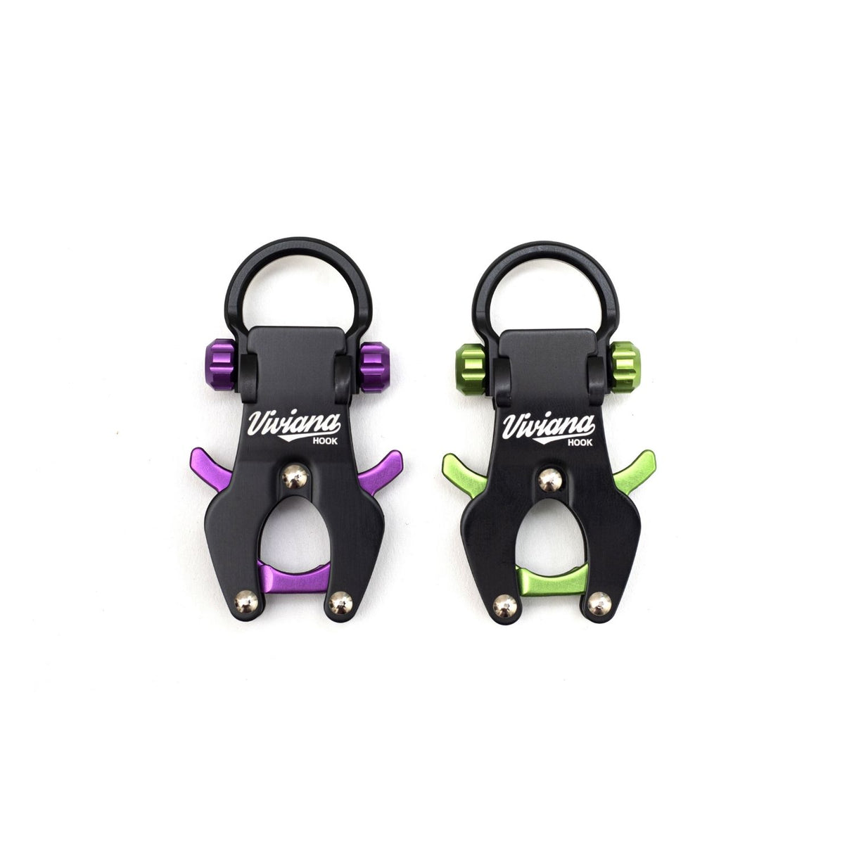 Green and purple Viviana Hooks on a white background.