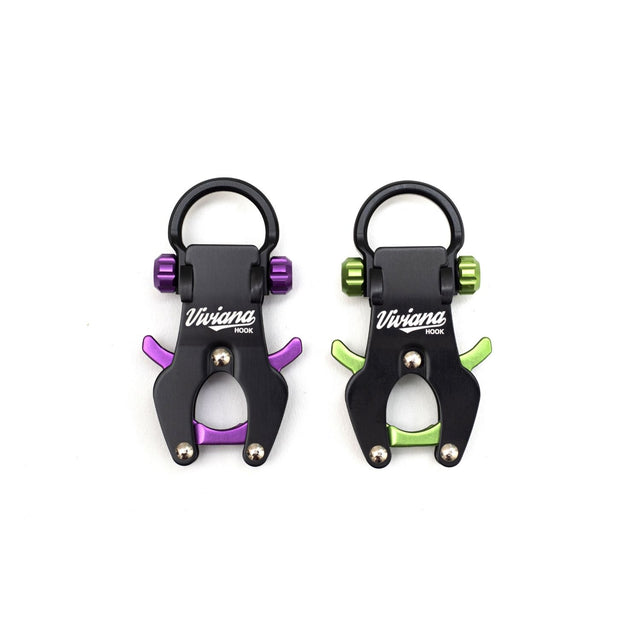 Green and purple Viviana Hooks on a white background.